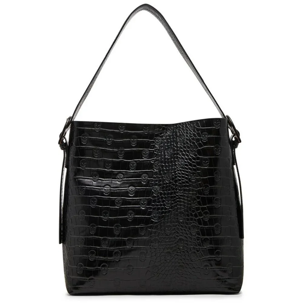 NWT~BETSEY JOHNSON Black Skull & Croc Headquarters Bucket Shoulder Bag~$98 Rtl